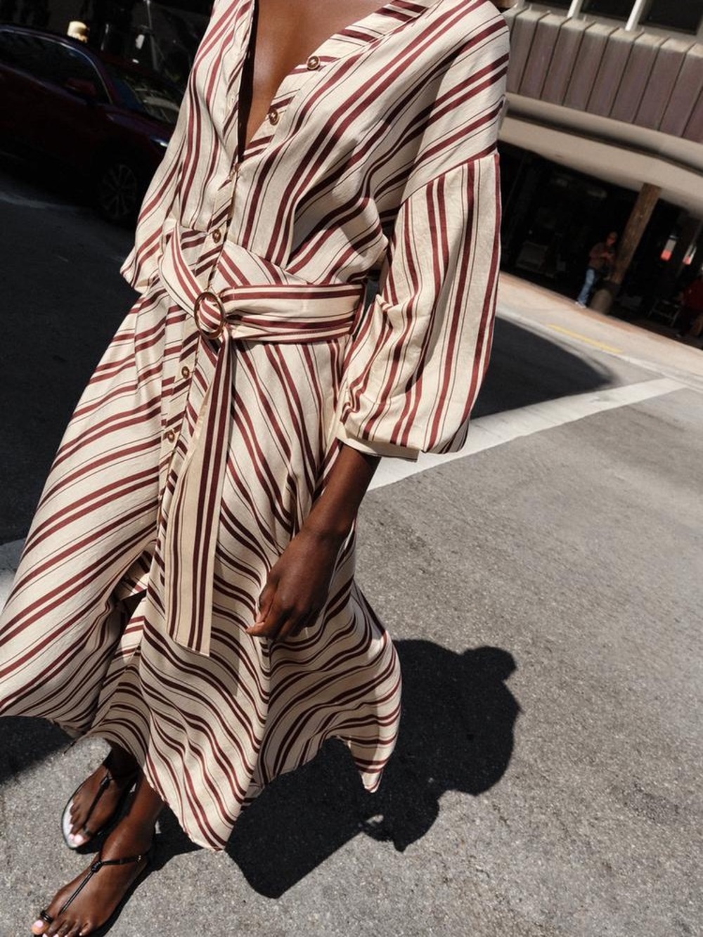 Zara Cream and Burgundy Striped Wrap Maxi Dress